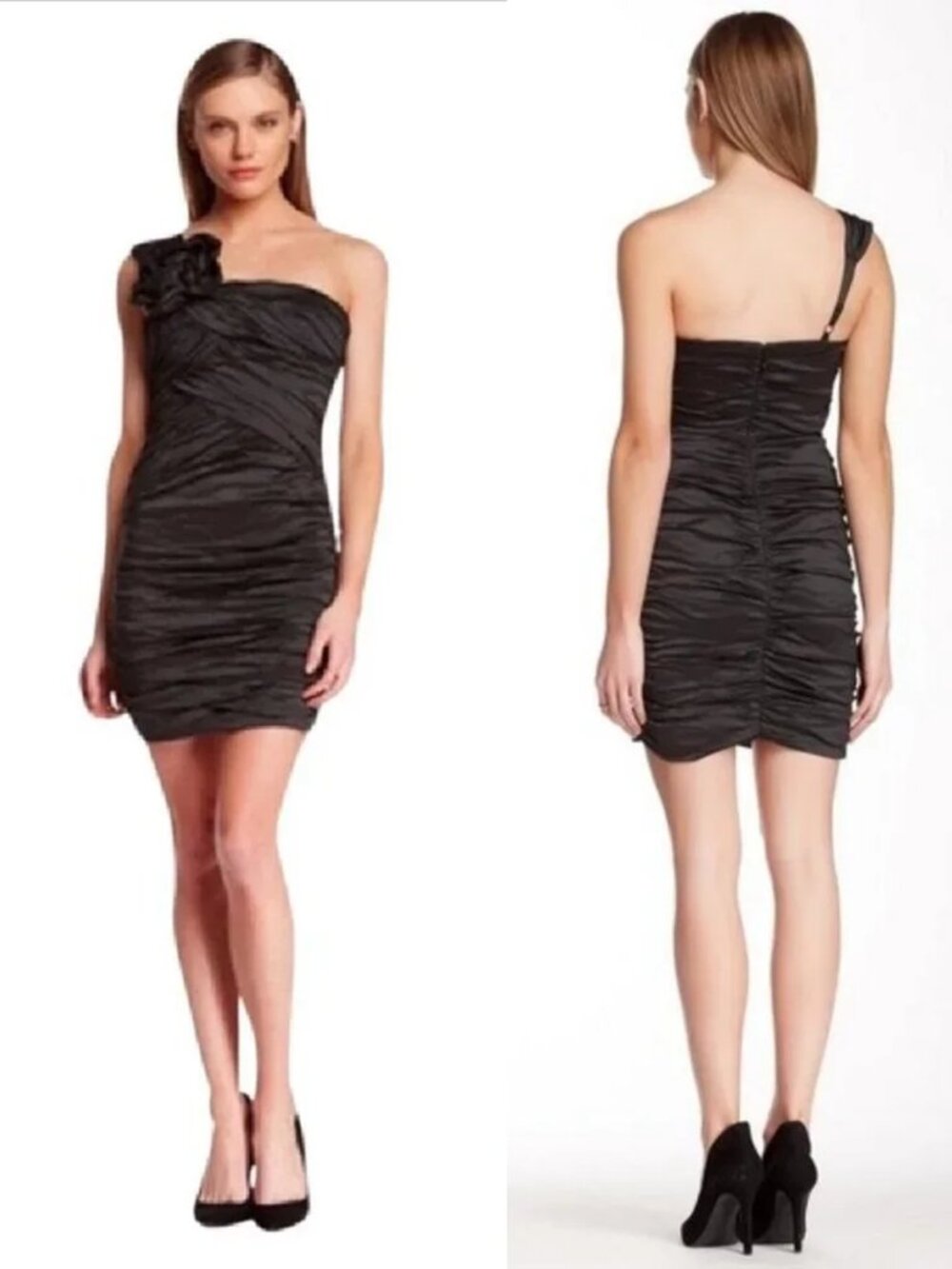 NWT New BCBGMaxAzria Anett One Shoulder Taffeta Cocktail Mini Black Dress Size 0